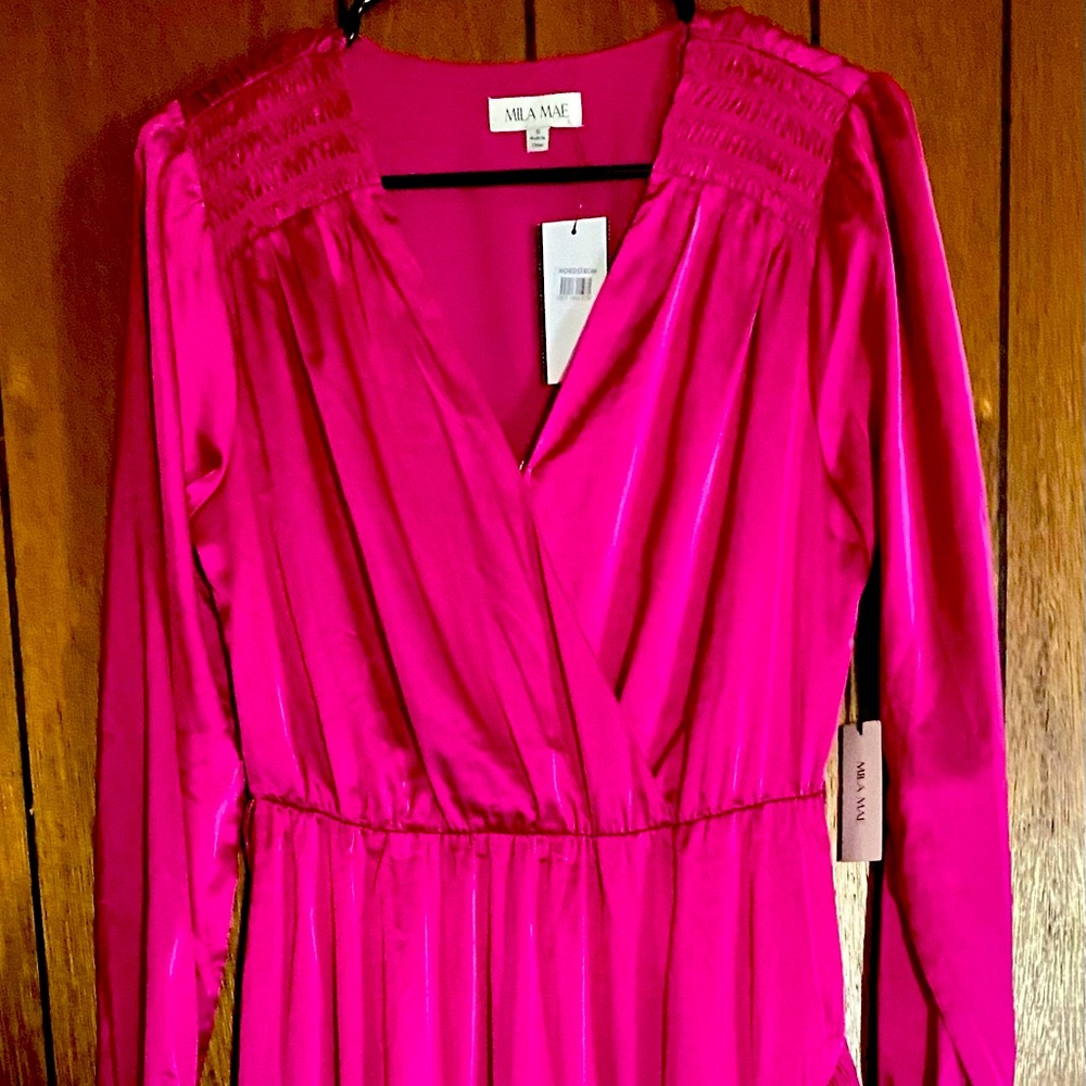 Mila Mae Fuchsia Long Sleeve Asymmetrical Dress, Size Small
